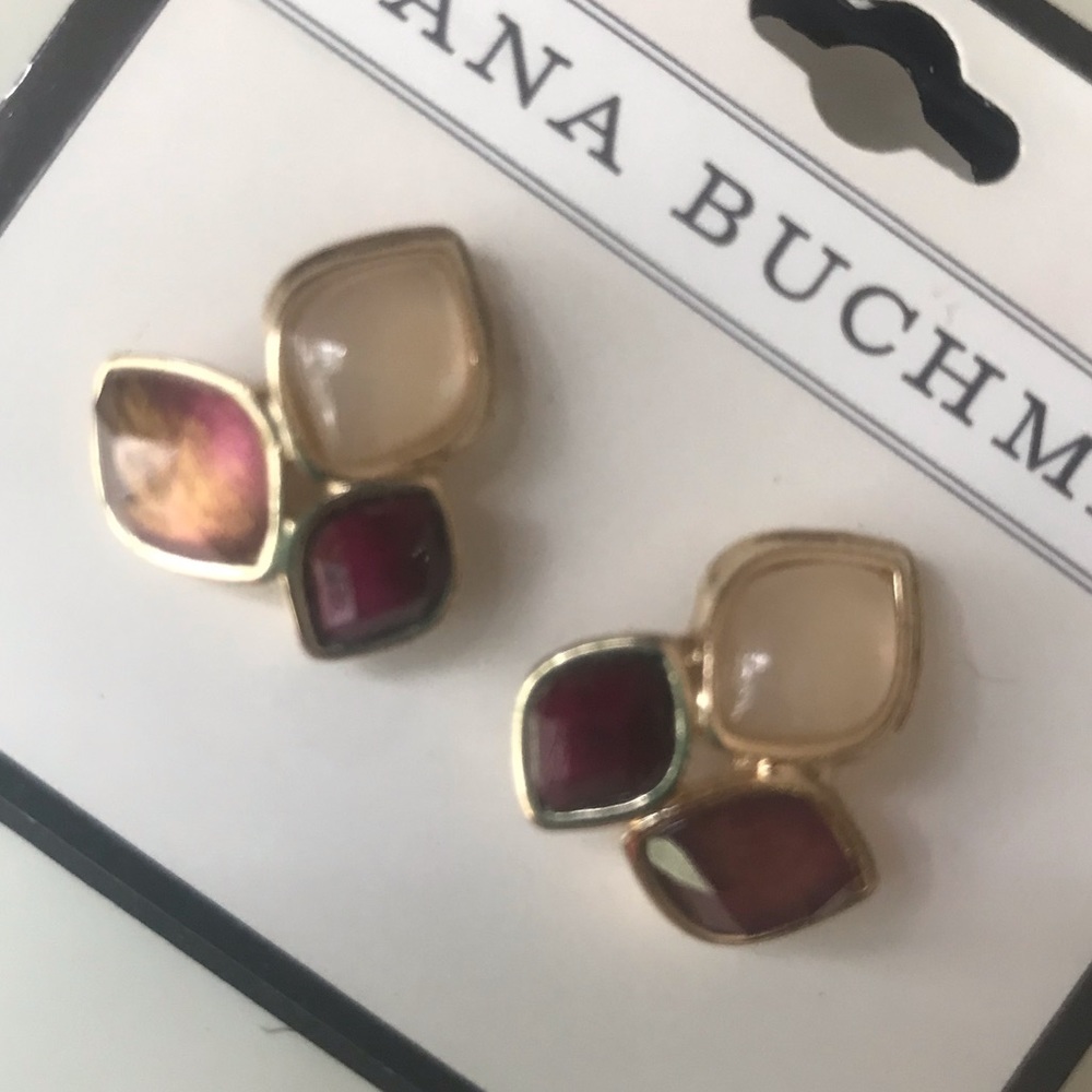 Dana Buchman Earrings Gold Tone Ivory and Red Whine Rhinestone Stud